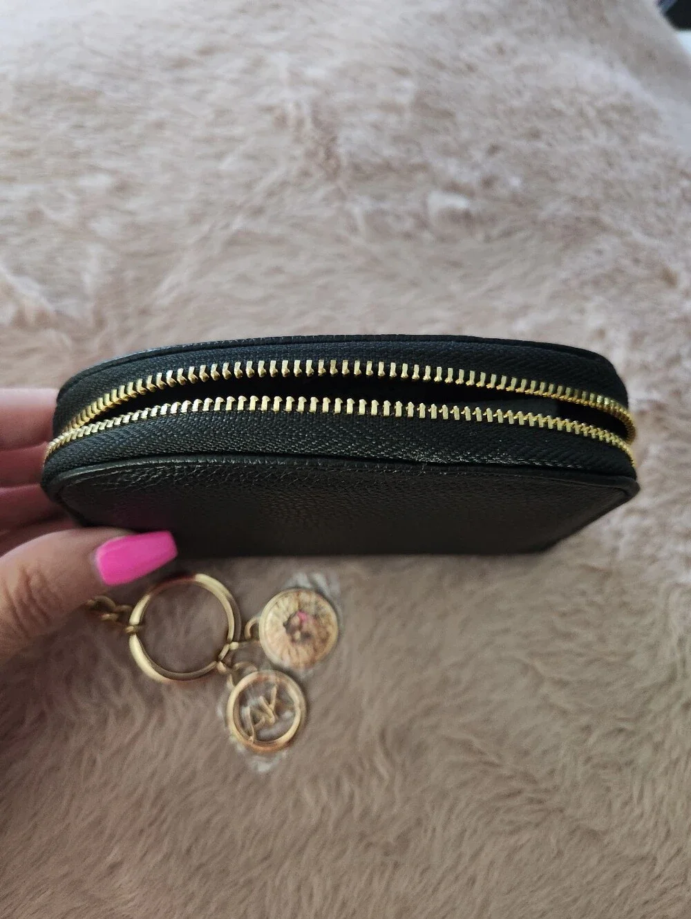 Anne Klein Black Pebbled Key Pouch with Gold AK Charms